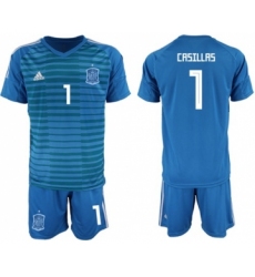 Spain #1 Casillas Blue Goalkeeper Soccer Country Jersey