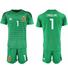 Spain #1 Casillas Green Goalkeeper Soccer Country Jersey
