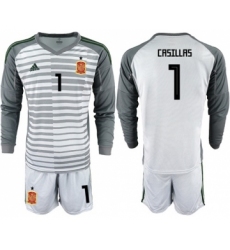 Spain #1 Casillas Grey Long Sleeves Goalkeeper Soccer Country Jersey
