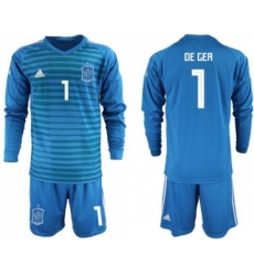 Spain #1 De Gea Blue Goalkeeper Long Sleeves Soccer Country Jersey
