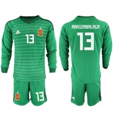 Spain #13 Arrizabalaga Green Long Sleeves Goalkeeper Soccer Country Jersey