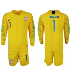 USA #1 Howard Yellow Goalkeeper Long Sleeves Soccer Country Jersey