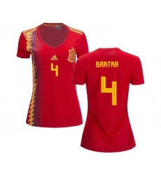 Women's Spain #4 Bartra Red Home Soccer Country Jersey