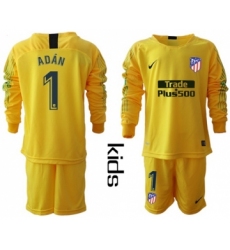 Atletico Madrid #1 Adan Yellow Goalkeeper Long Sleeves Kid Soccer Club Jersey