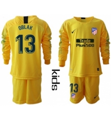 Atletico Madrid #13 Oblak Yellow Goalkeeper Long Sleeves Kid Soccer Club Jersey