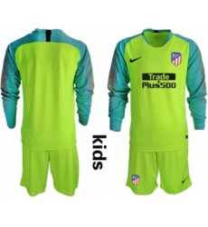 Atletico Madrid Blank Shiny Green Goalkeeper Long Sleeves Kid Soccer Club Jersey