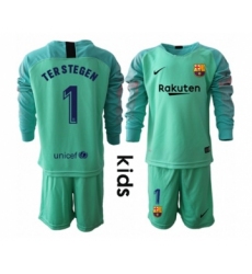Barcelona #1 Ter Stegen Green Goalkeeper Long Sleeves Kid Soccer Club Jersey