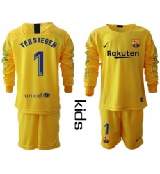 Barcelona #1 Ter Stegen Yellow Goalkeeper Long Sleeves Kid Soccer Club Jersey