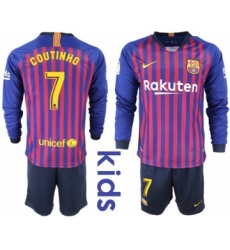 Barcelona #7 Coutinho Home Long Sleeves Kid Soccer Club Jersey