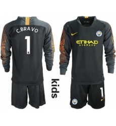 Manchester City #1 C.Bravo Black Goalkeeper Long Sleeves Kid Soccer Club Jersey