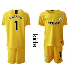 Manchester City #1 C.Bravo Yellow Goalkeeper Kid Soccer Club Jersey