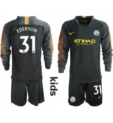 Manchester City #31 Ederson Black Goalkeeper Long Sleeves Kid Soccer Club Jersey