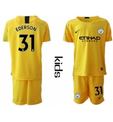Manchester City #31 Ederson Yellow Goalkeeper Kid Soccer Club Jersey