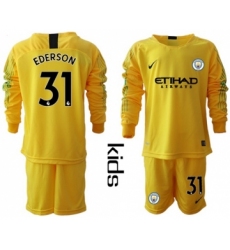 Manchester City #31 Ederson Yellow Goalkeeper Long Sleeves Kid Soccer Club Jersey