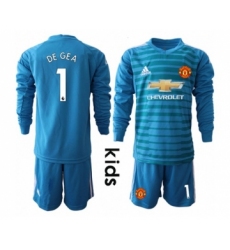 Manchester United #1 De Gea Blue Goalkeeper Long Sleeves Kid Soccer Club Jersey