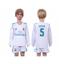 Real Madrid #5 Varane Home Long Sleeves Kid Soccer Club Jersey