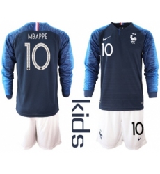 France #10 Mbappe Home Long Sleeves Kid Soccer Country Jersey