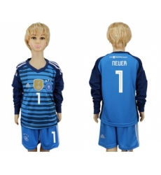 Germany #1 Neuer Blue Long Sleeves Kid Soccer Country Jersey