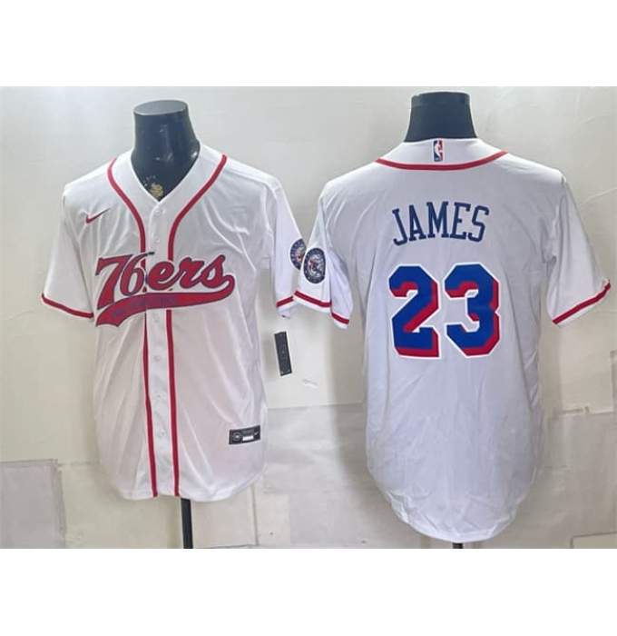 Men's Philadelphia 76ers #23 LeBron James White Cool Base Stitched Baseball Jersey