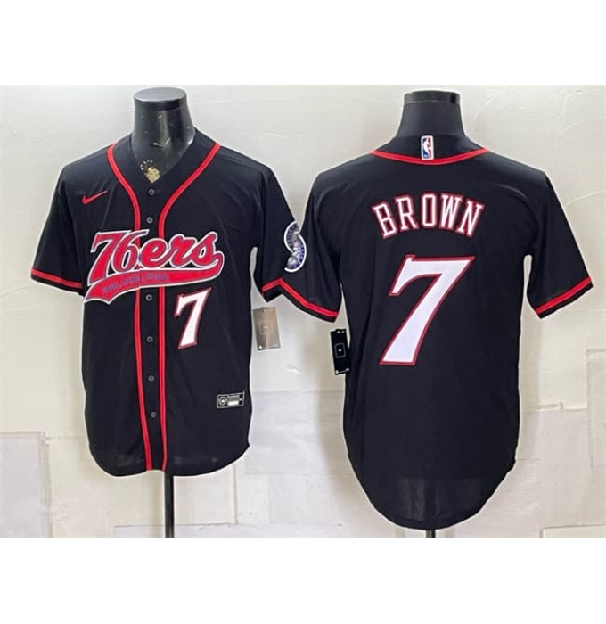 Men's Philadelphia 76ers #7 Jaylen Brown Black Cool Base Stitched Baseball Jersey