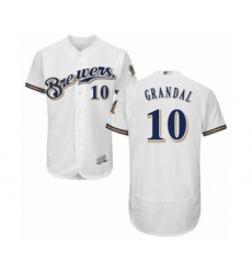 Men's Milwaukee Brewers #10 Yasmani Grandal White Alternate Flex Base Authentic Collection Baseball Jersey