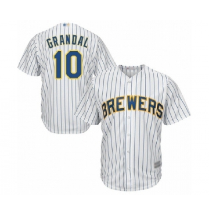 Youth Milwaukee Brewers #10 Yasmani Grandal Authentic White Home Cool Base Baseball Jersey