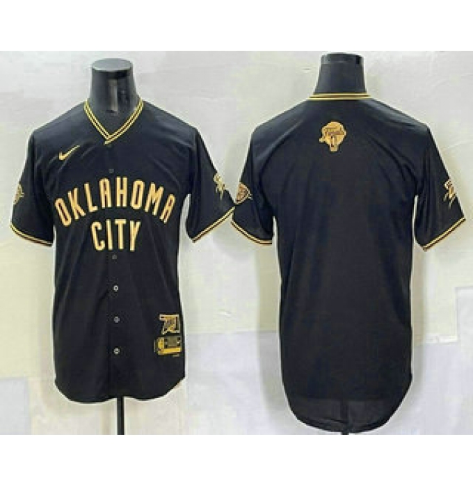 Men's Oklahoma City Thunder Blank Black Gold 2025 Finals Vapor Stitched Baseball Jersey
