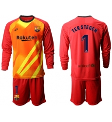 Barcelona #1 Ter Stegen Red Goalkeeper Long Sleeves Soccer Club Jersey