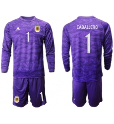 Argentina #1 Caballero Purple Long Sleeves Goalkeeper Soccer Country Jersey