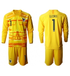 France #1 LLORIS Yellow Goalkeeper Long Sleeves Soccer Country Jersey