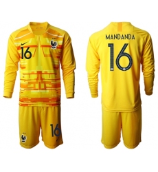 France #16 Mandanda Yellow Goalkeeper Long Sleeves Kid Soccer Country Jersey