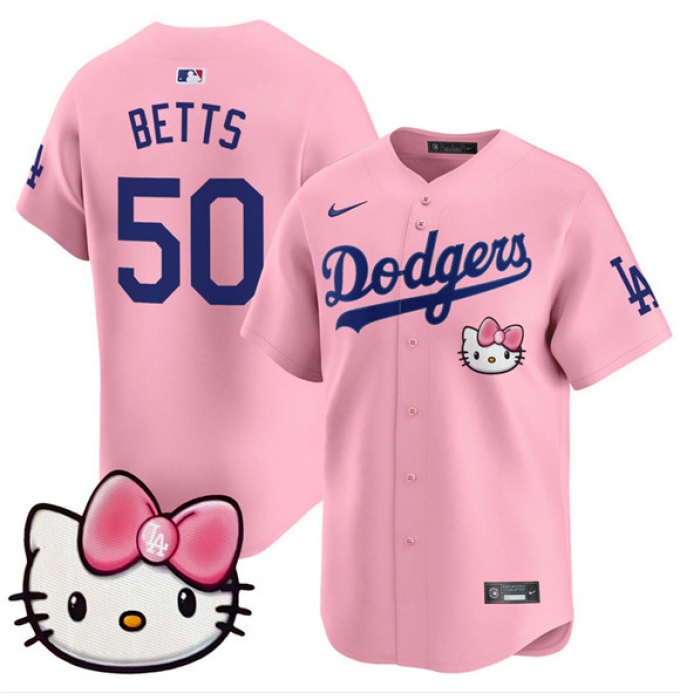 Men's Los Angeles Dodgers #50 Mookie Betts Pink 2025 Hello Kitty Vapor Limited Stitched Baseball Jersey