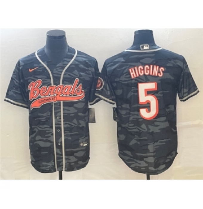 Men's Cincinnati Bengals #5 Tee Higgins Gray Camo Cool Base Stitched Baseball Jersey