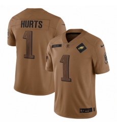 Men's Philadelphia Eagles #1 Jalen Hurts Nike Brown 2023 Salute To Service Limited Jersey