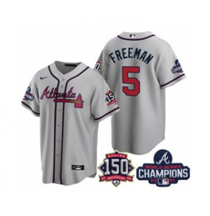 Men's Atlanta Braves #5 Freddie Freeman 2021 Gray World Series Champions With 150th Anniversary Patch Cool Base Stitched Jersey