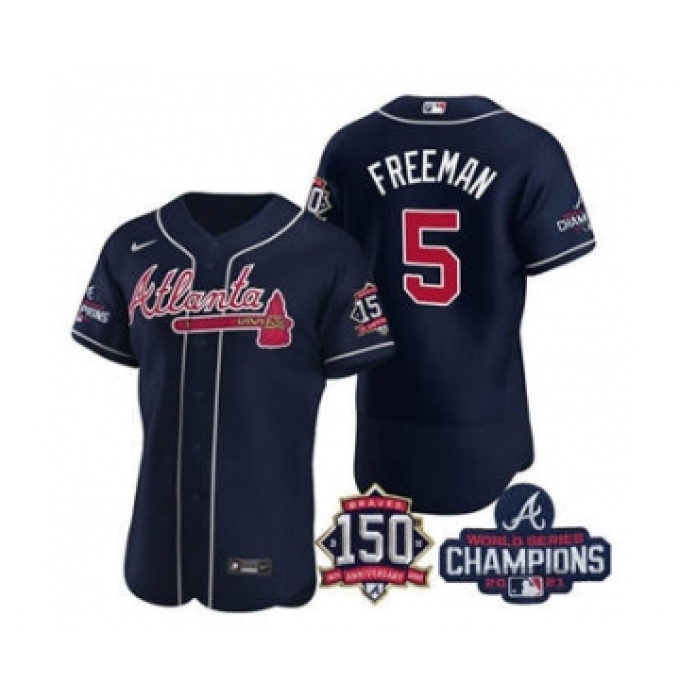Men's Atlanta Braves #5 Freddie Freeman 2021 Navy World Series Champions With 150th Anniversary Flex Base Stitched Jersey
