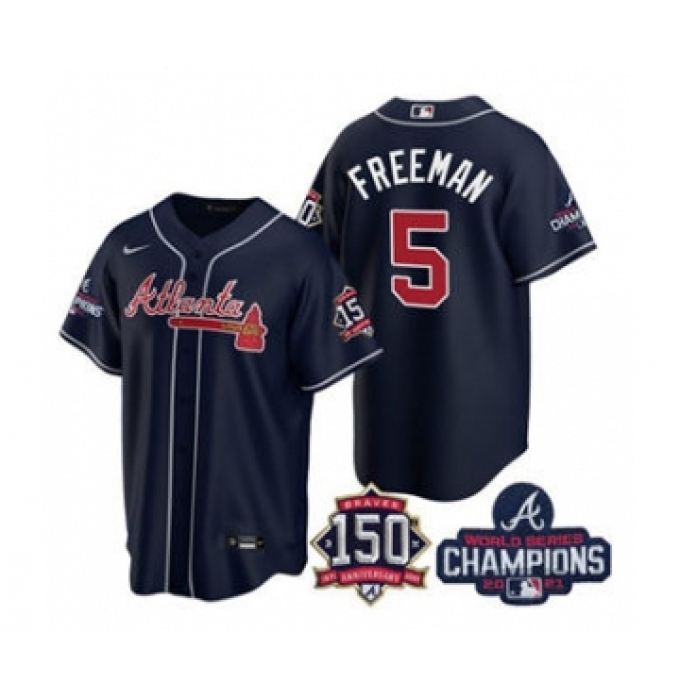 Men's Atlanta Braves #5 Freddie Freeman 2021 Navy World Series Champions With 150th Anniversary Patch Cool Base Stitched Jersey