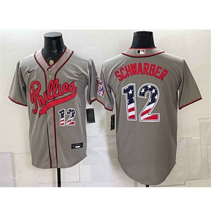Men's Philadelphia Phillies #12 Kyle Schwarber Gray 2026 Field of Dreams USA 250 Fourth of July Stadium Stitched Baseball Jersey