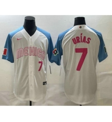 Mens Mexico Baseball #7 Julio Urias Number 2023 White Blue World Classic Stitched Jersey