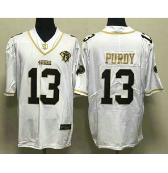 Men's San Francisco 49ers #13 Brock Purdy White Gold With 75th Anniversary Stitched Jersey