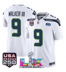 Men's Seattle Seahawks #9 Kenneth Walker III White 2025 F.U.S.E. Super Bowl LX And 50th Season & USA 250 Vapor Limited Football Stitched Jersey