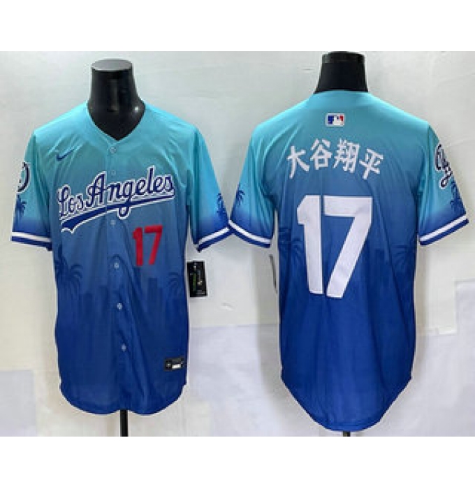 Men's Los Angeles Dodgers #17 Shohei Ohtani Japanese Blue 2025 City Connect Limited Stitched Jersey