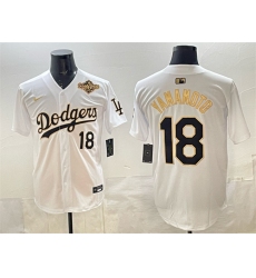 Men's Los Angeles Dodgers #18 Yoshinobu Yamamoto White Gold 2025 World Series Limited Stitched Baseball Jersey