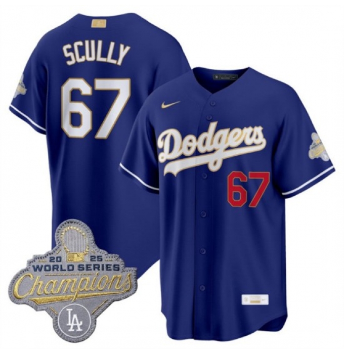 Men's Los Angeles Dodgers #67 Vin Scully Royal 2026 Alternate Gold Collection Stadium Stitched Baseball Jersey