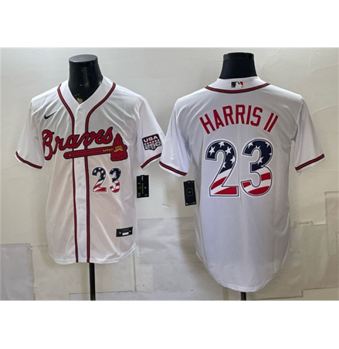 Men's Atlanta Braves #23 Michael Harris II White USA 250 Fourth of July Home Stadium Stitched Baseball Jersey