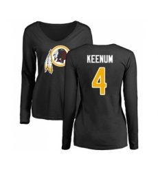 Football Women's Washington Redskins #4 Case Keenum Black Name & Number Logo Long Sleeve T-Shirt