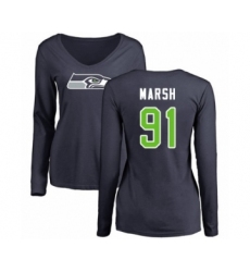 Football Women's Seattle Seahawks #91 Cassius Marsh Navy Blue Name & Number Logo Long Sleeve T-Shirt