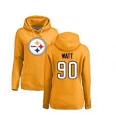 Football Women's Pittsburgh Steelers #90 T. J. Watt Gold Name & Number Logo Pullover Hoodie