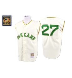 Men's Mitchell and Ness 1968 Oakland Athletics #27 Catfish Hunter Replica Cream Throwback MLB Jersey
