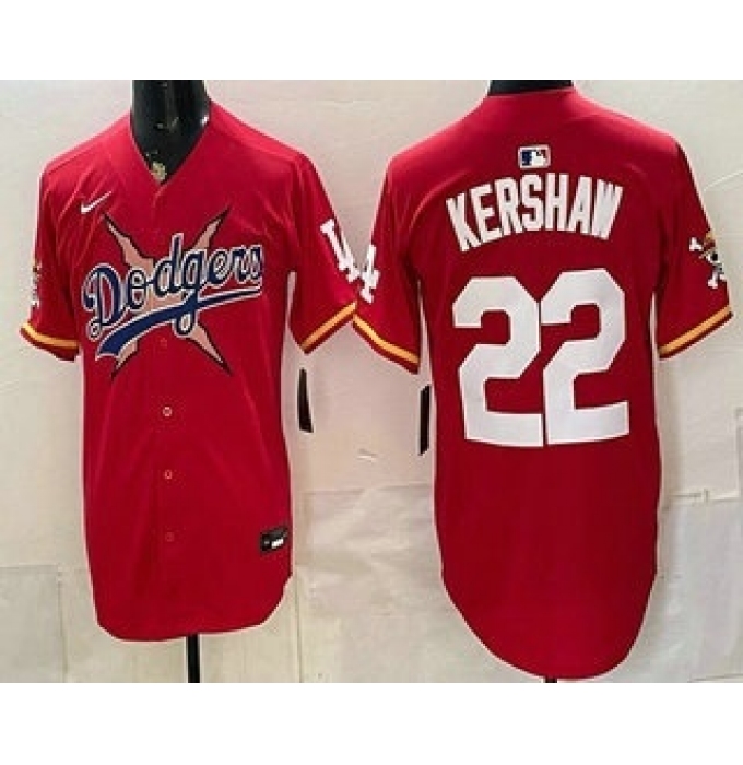 Men's Los Angeles Dodgers x One Piece #22 Clayton Kershaw Red Vapor Premier Limited Stitched Baseball Jersey